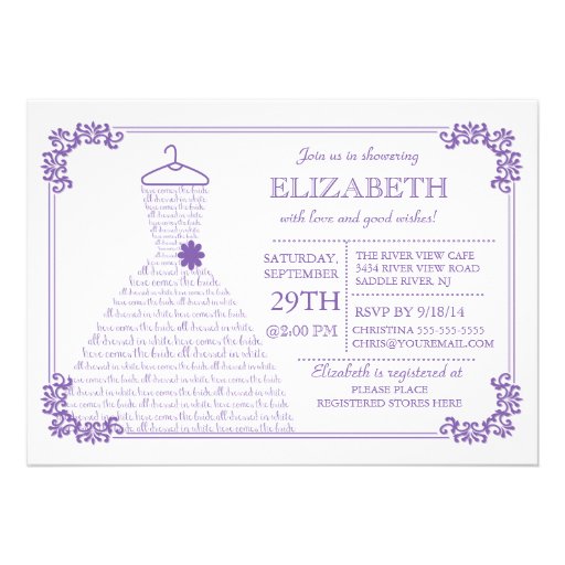 Modern Pretty Purple Wedding Dress Bridal Shower Personalized Invitations