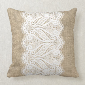 Modern Printed Burlap & Lace Cushion