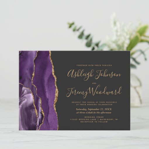 Modern Purple Gold Agate Dark Wedding Invitation Zazzle