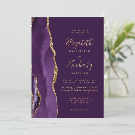 Modern Purple Gold Agate Plum Wedding Invitation Zazzle