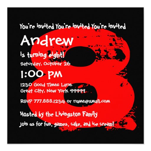Modern RED 8th Birthday Party 8 Year Old V11 Personalized Invitations