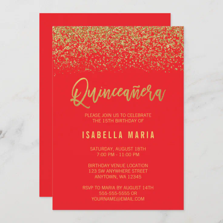 Modern Red Faux Gold Glitter Quinceanera Invitation Zazzle