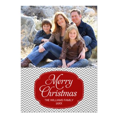 Modern Red Gray Chevron Christmas Photo Card