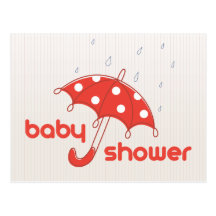 Modern Red White Dot Umbrella Baby Shower Invite Postcard
