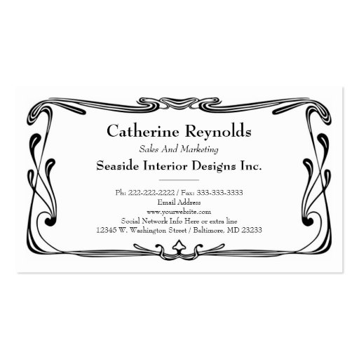 Modern Retro Art Deco Scroll Border Simple Black Business Card Template (front side)