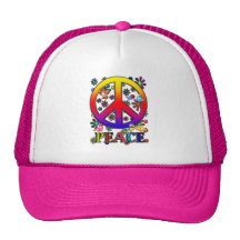 Modern Retro Peace Sign Text Birds & Flowers II Hats