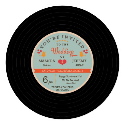 Modern Retro Vinyl Record Orange Sky Blue Wedding Personalized Announcements