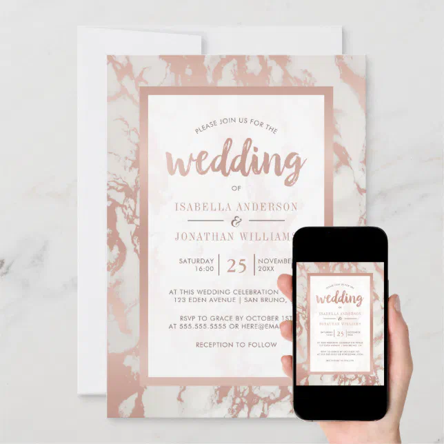 Modern Rose Gold Marble Wedding Invitation Zazzle