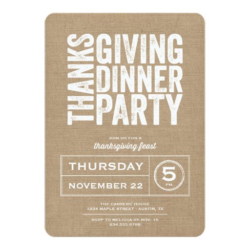Modern Rustic Burlap Thanksgiving Dinner Party Personalized Invites (front side)