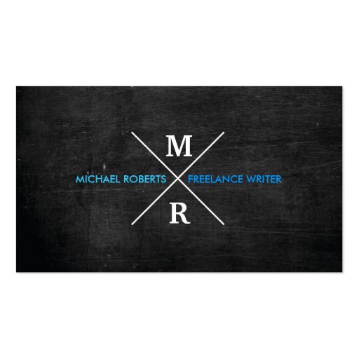 MODERN RUSTIC MONOGRAM Blue Text & Black Wood Business Card Template (front side)