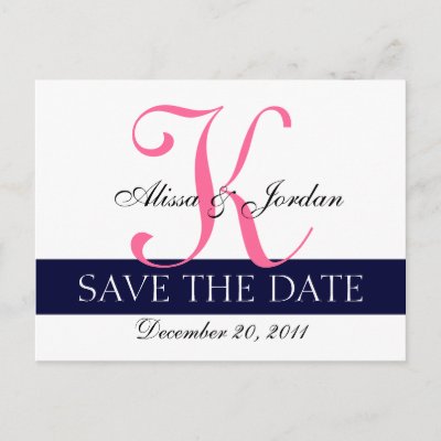 Modern Save the Date Navy Blue Pink Monogram Post Card