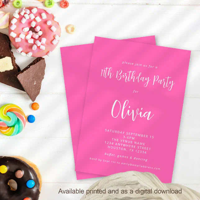 Modern Script Hot Pink Th Birthday Party Invitation Zazzle