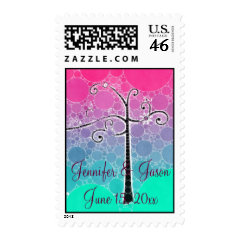 Modern Scroll Tree Purple Wedding Postage Stamps