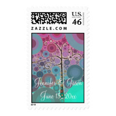 Modern Scroll Tree Purple Wedding Postage Stamps
