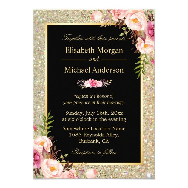 Modern Shiny Gold Sparkles Floral Wedding Invite (front side)