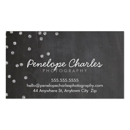 MODERN silver glitter confetti dots chalkboard Business Card Template (front side)