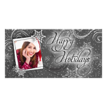 Modern Snow Black & White Happy Holiday Photo Card