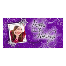 Modern Snow Purple Glow Happy Holiday Photo Card
