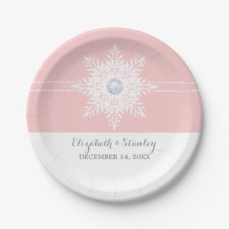 Modern snowflake pink, white winter wedding 7 inch paper plate