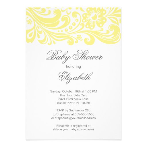 Modern Soft Yellow Floral Swirl Baby Shower Custom Announcement