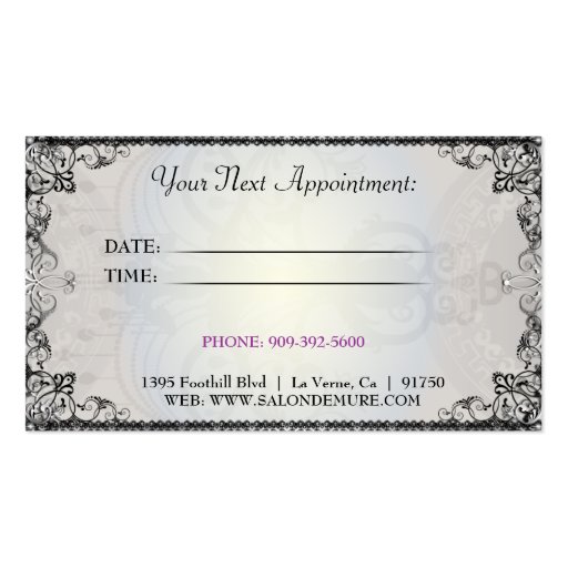 Modern Sophisticated Silver Purple Designer Salon Business Card Templates (back side)