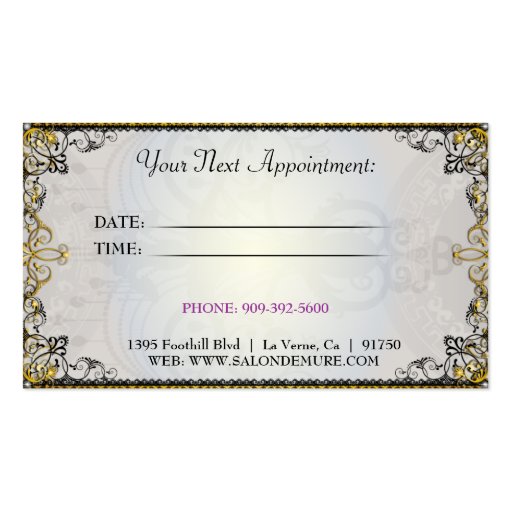 Modern Sophisticated Silver Purple Gold Salon Business Card (back side)