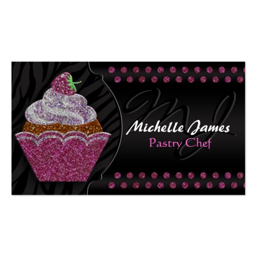 Modern Sparkling Cupcake Monogram Pastry Chef Business Card Template (front side)