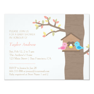 Modern Spring Birdhouse Nest Bird Baby Shower Personalized Invitation Cards
