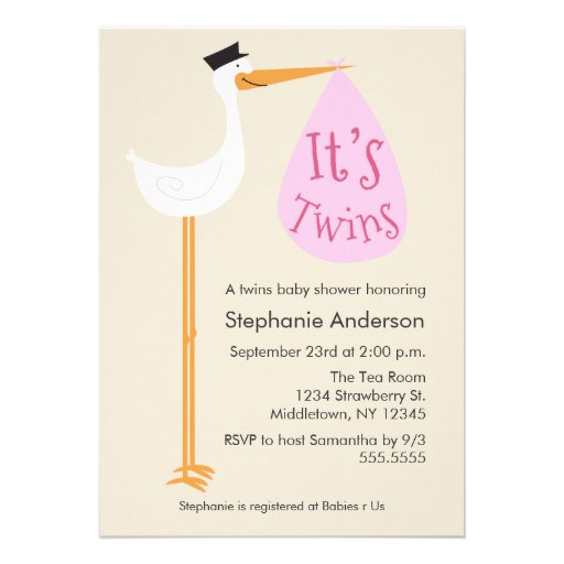 Modern Stork Baby Shower Invitation - Twin Girls