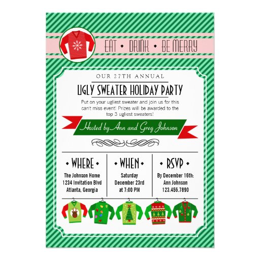 Modern Striped Ugly Sweater Holiday Party Personalized Invite