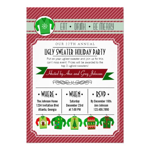 Modern Striped Ugly Sweater Holiday Party Personalized Invites (front side)
