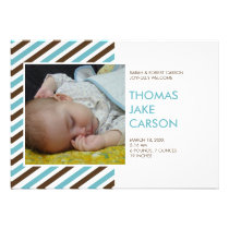 Modern stripes blue brown baby birth announcement invitations