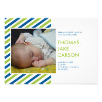 Modern stripes blue green baby birth announcement invitations
