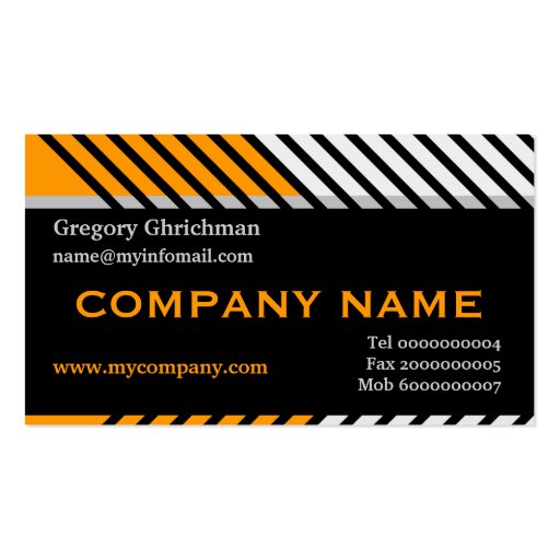 Modern stripes construction black, orange, grey business card template (front side)