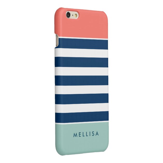Modern Stylish Coral Mint Navy White Stripes Glossy iPhone 6 Plus Case-2