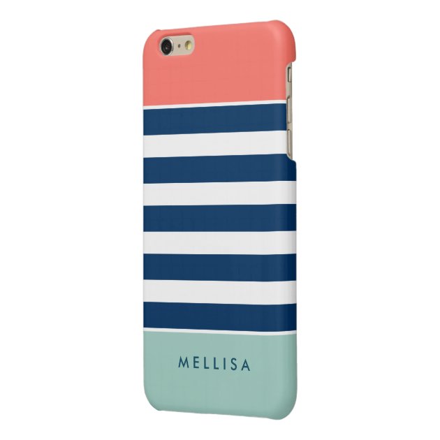 Modern Stylish Coral Mint Navy White Stripes Glossy iPhone 6 Plus Case