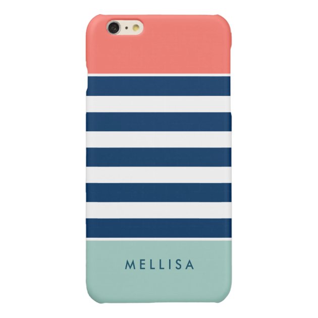 Modern Stylish Coral Mint Navy White Stripes Glossy iPhone 6 Plus Case