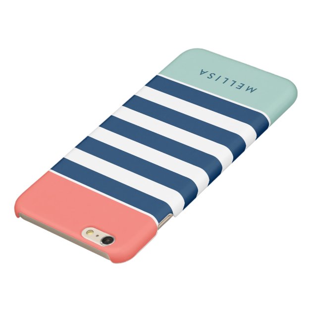 Modern Stylish Coral Mint Navy White Stripes Glossy iPhone 6 Plus Case-3