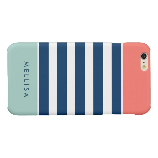 Modern Stylish Coral Mint Navy White Stripes Glossy iPhone 6 Plus Case-5