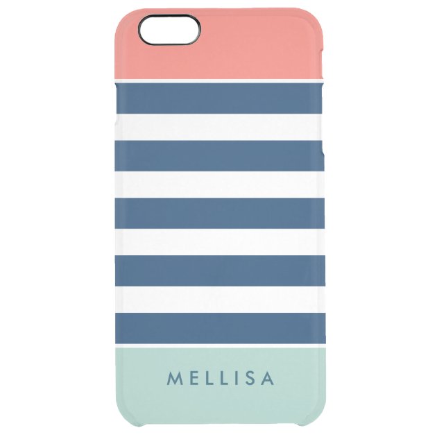 Modern Stylish Coral Mint Navy White Stripes Uncommon Clearlyâ„¢ Deflector iPhone 6 Plus Case