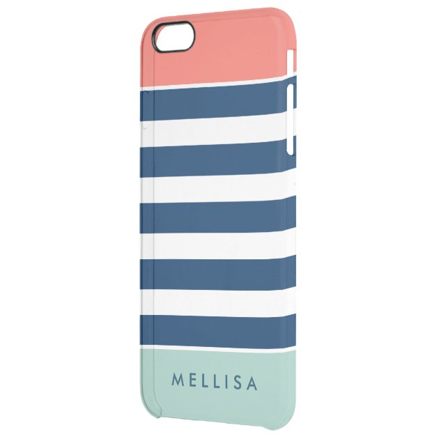 Modern Stylish Coral Mint Navy White Stripes Uncommon Clearlyâ„¢ Deflector iPhone 6 Plus Case-2