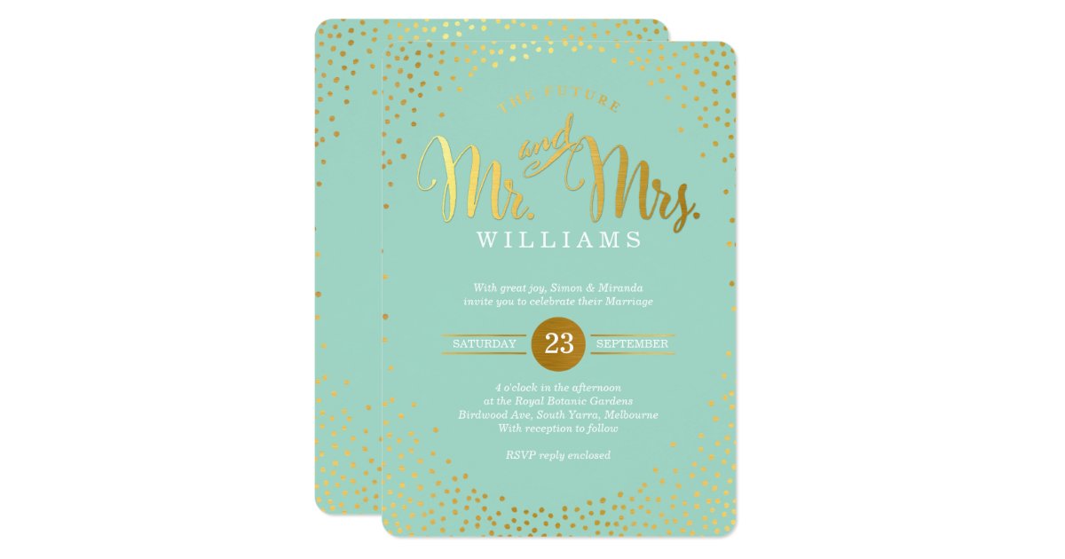 MODERN STYLISH WEDDING mini gold confetti mint Card Zazzle