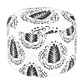 Modern Stylized Damask Feathers & Swirls Round Pouf