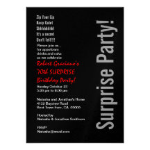 Modern SURPRISE 70th Birthday Black Red Metallic Personalized Invites
