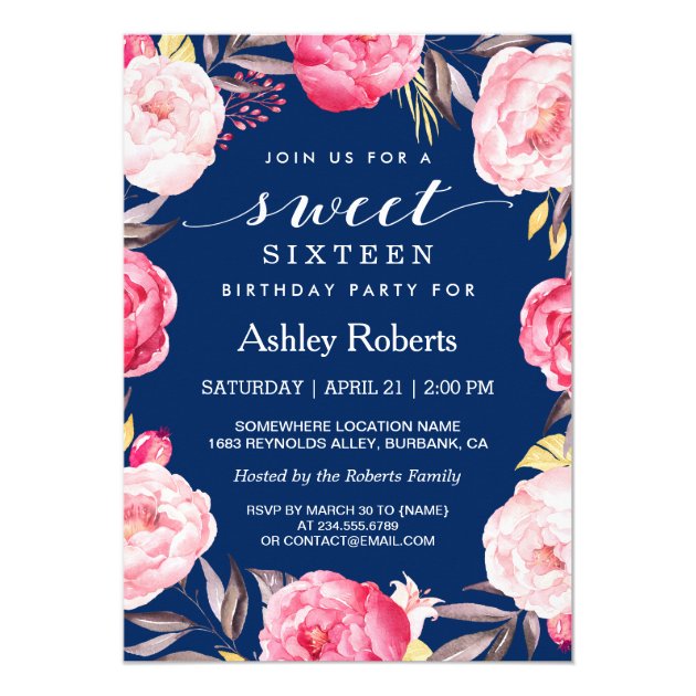 Modern Sweet Sixteen Navy Blue Floral Wreath Card (front side)