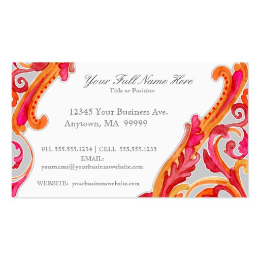 Modern Swirl Flourish Heart Tangerine Hot Pink Business Card Templates (back side)