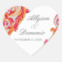 Modern Swirl Flourish Heart Tangerine Hot Pink Heart Sticker