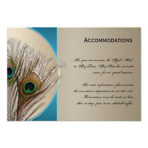 Modern Taupe Aqua Peacock Accomodations Card Personalized Invite