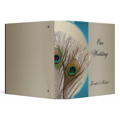 Modern Taupe Aqua Peacock Feather Wedding Album Vinyl Binder