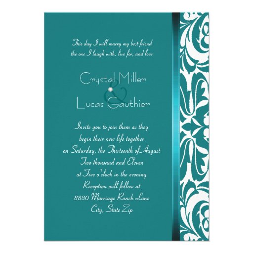 Modern Teal Damask Elegant Wedding Invitation